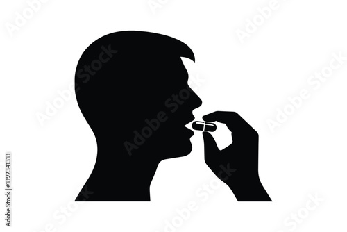 Person taking pill or medicine capsule into mouth silhouette, health care concept