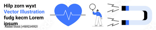 Heart with heartbeat line, person with magnifying glass, magnet attracting items. Ideal for technology, healthcare, research, attraction, innovation, marketing and simple landing page