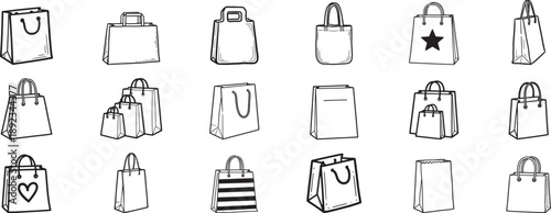 Shopping bags icons doodle hand drawn set. Paper shopping bags drawing line outline vector black Set