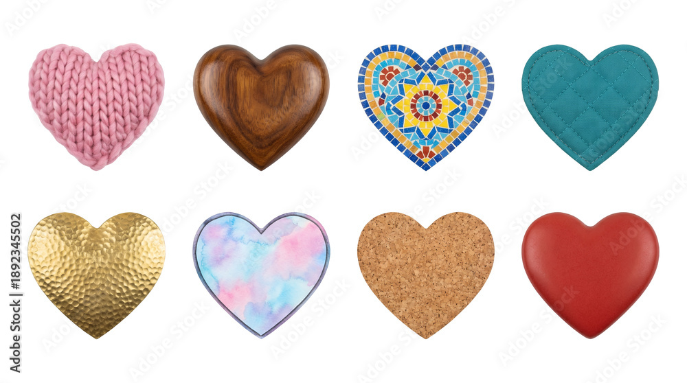 Fototapeta premium Heart shape set including knitted, wooden, mosaic, quilted, gold, watercolor, cork, and ceramic variants isolated. Valentine day and love decoration collection.