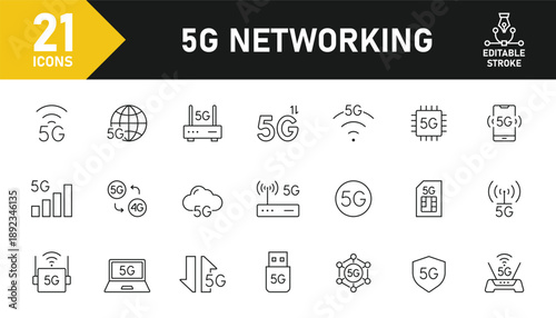 5G Network line icon set. Set of 21 outline icons related to 5G network, signal, LTE usb modem, antenna, sim card, internet router, satellite, wifi and others. Editable stroke. Vector illustration.