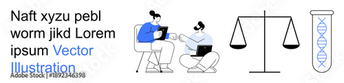 Team collaboration, legal processes, scientific research, professional interaction, balanced judgment, biotechnology. Two people exchanging ideas with laptops, scales, and a DNA test tube