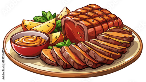 Very beautiful close-up of sliced grilled New York striploin with sauce and potatoes, focusing on juicy texture, seared surface, rich flavor details, and gourmet food styling.