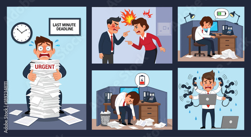 Collage of Office Workplace Stress Scenes Showing Overwhelmed Employees Dealing with Deadlines Angry Bosses Low Batteries and Multitasking Pressure.