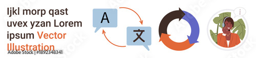 Language translation, communication tools, cultural exchange, teamwork, connectivity, workflow optimization. Speech bubbles with arrows, circular flowchart woman with idea symbol. Language