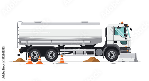 White Fuel Tanker Truck Parked on a Road with Orange Safety Traffic Cones and Concrete Barriers Isolated on a Clean White Background.
