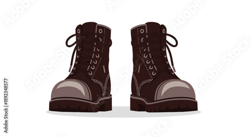 Pair of Heavy Duty Brown Leather Work Boots with Laces and Thick Rugged Soles Isolated on a Plain White Background for Safety Gear Retail.