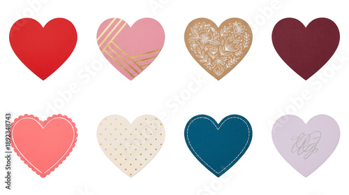 Heart paper cutout set including red, pink, gold, kraft, and blue patterned cardstock isolated. Valentine day and wedding decoration collection.