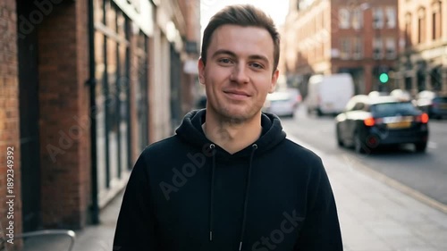 A vibrant, sunlit close-up shot captures a cheerful young adult man looking directly at the camera with a genuine, broad smile. He is casually dressed in a black hoodie, embodying a relaxed and confid