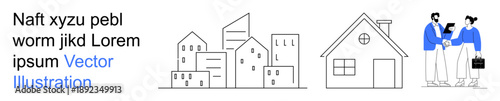 Real estate, housing, property investment, urban planning, suburban living, community. Minimal line art shows cityscape, house and conversation between two people. Real estate and housing concept
