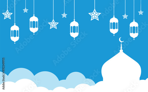Ramadan kareem 2026 background with lanterns and stars hanging above mosque silhouette