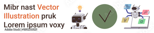 Artificial intelligence, automation, innovation, data analysis, robotics, problem-solving. A robot with a lightbulb, a green checkmark and task icons. Automation and innovation concept
