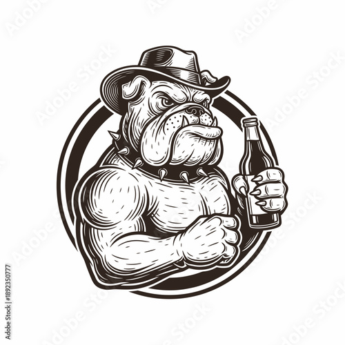 A muscular bulldog wearing a cowboy hat holds a beer bottle, depicted in a circular illustration with bold lines.