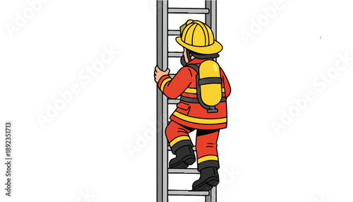 A firefighter climbs a fire escape. Flat vector style. Cartoon, footage, mockup,  Isolated on transparent background.