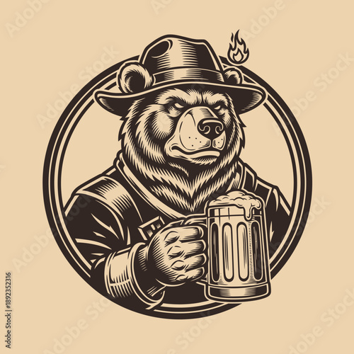 Illustration of bear wearing hat holding beer mug in circular frame