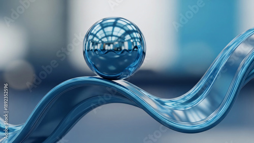 Metallic Blue Sphere Resting Precariously on a Winding Track Under Soft Studio Lighting Reflecting Abstract Shapes and Architectural Elements Creating a Sense of Imbalance and Tension