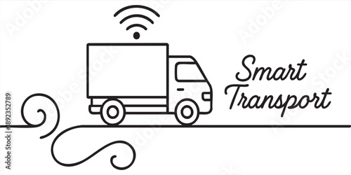 Minimalist Smart Delivery Truck on Swirling Ribbon – Vector Line Art