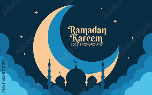 Ramadan kareem 2026 background with crescent moon and mosque silhouette