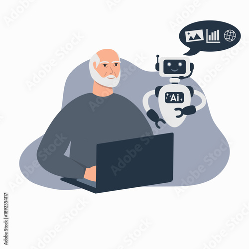Foto Elderly Man Interacting with AI Robot Assistant via Laptop