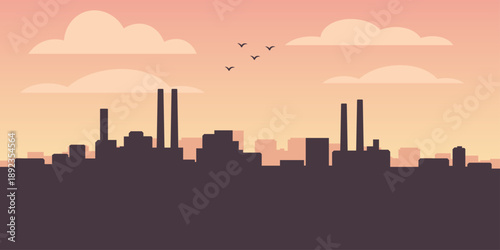 Industrial city skyline silhouette illustration. Plain block buildings with tall vertical stacks. Wide pastel sky with soft clouds and distant birds. Calm static industrial horizon scene.