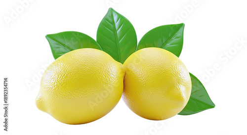 Two Yellow Lemons with Green Leaves