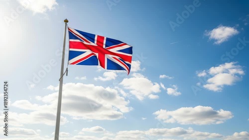 Union Jack Flag Waving on Pole Against a Bright Blue Sky with Clouds