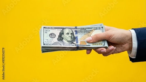 Wallpaper Mural Hands passing dollar bill against bright yellow background emphasizing direct payment simplicity clarity and everyday money exchange concept Torontodigital.ca
