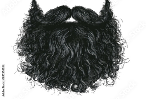 Black curly beard and mustache, symmetrical and textured, on transparent bg