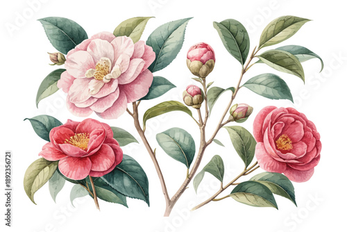 Foto Watercolor Camellia Flower Illustration, Romantic Botanical Art, vector illustra