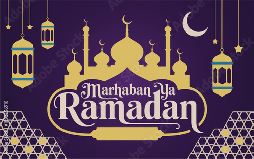 Ramadan kareem 2026 background with islamic calligraphy and mosque silhouette