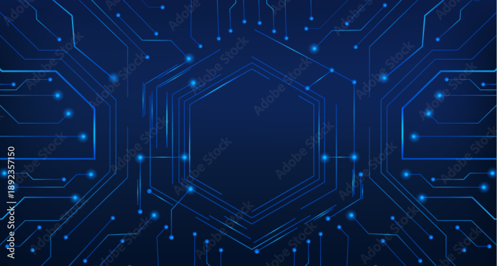 Fototapeta premium Hi tech circuit board frame with glowing blue lines and futuristic digital patterns, vector realistic illustration. High tech abstract electronic backdrop with hexagonal border and neon light
