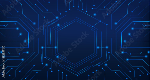 Hi tech circuit board frame with glowing blue lines and futuristic digital patterns, vector realistic illustration. High tech abstract electronic backdrop with hexagonal border and neon light