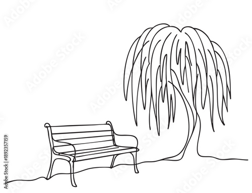 Early spring landscape. Sketch landscape willow at the end of the garden