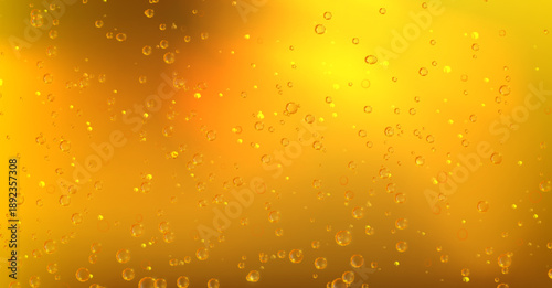 Golden beer with bubbles closeup view, realistic lager texture with rising air bubbles. Vector illustration of fresh carbonated amber color drink