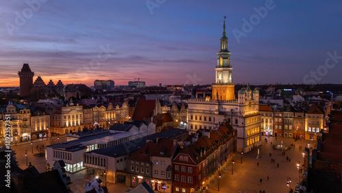 Wallpaper Mural 5 march 2025, Poznan, Poland. Aerial, drone view during sunset, twilight, on the old market square, Stare Rynek town in the city centre of Poznan, Poland. Warm golden light. Wonderful must-see tourist Torontodigital.ca