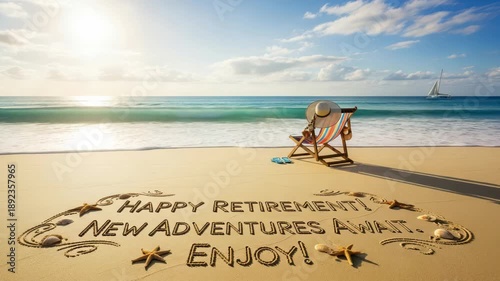 Happy Retirement Wishes Written in Sand on a Tropical Beach