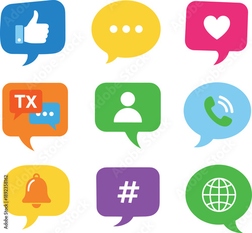 Colorful Speech Bubble Icon Grid Featuring Social Media Symbols: Like, Message, Heart, Notification, Hashtag, Call, Profile, Global