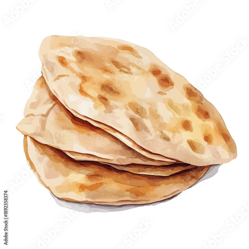 Hand-drawn watercolor artwork of Pita Bread, vector, isolated on a white background.