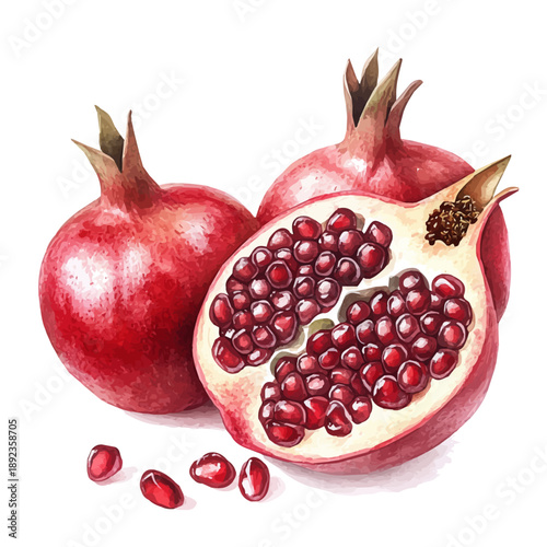 Hand-drawn watercolor artwork of Pomegranate Sliced, vector, isolated on a white background.