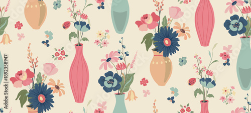 Modern vector floral seamless pattern. A colorful endless pattern of flowers and plants, bouquets in vases. Romantic summer design
