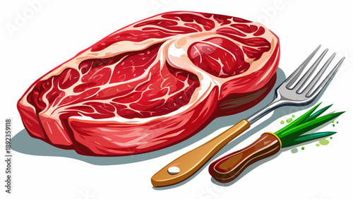 Very beautiful close-up of raw ribeye steak with seasoning and meat fork on dark background, highlighting intense marbling, rich color contrast, and professional culinary preparation. White background