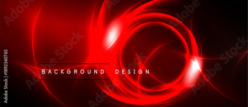 Abstract red design features swirling lines, bright highlights. Dark background emphasizes luminous energy, modern aesthetic.