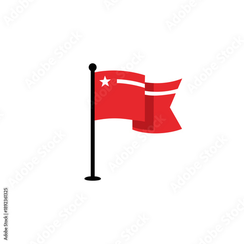Red Flag with White Star and Stripe on Flagpole, Waving in Wind, Isolated on White Background