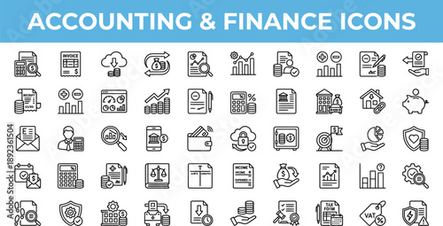 Accounting and Financial Management solid icon set. Includes symbols for Payroll, Profit and Loss, E-invoicing, and Budgeting. Solid vector icons for business tax, bookkeeping, and audit services