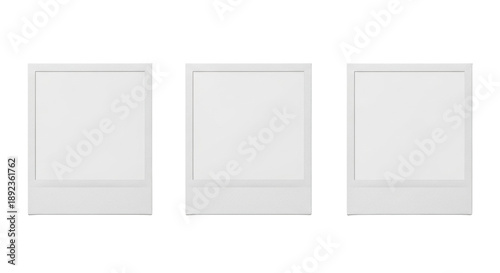 Three blank instant film frames (one square, two portrait) with authentic matte white Polaroid-style borders and transparent copy space, arranged linearly on a transparent background, clean