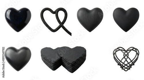 Black heart set including glossy, rope, wooden, matte, brushed metal, slate, and wire variants isolated. Romantic symbol and gothic decor collection.