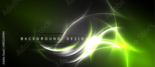 Abstract energy flow, vibrant green hues blend with dark shades. Dynamic curves suggest movement, modern design element.