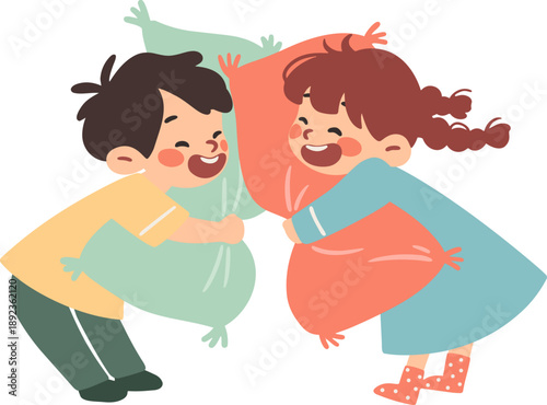 pillow fight children play vector character illustration