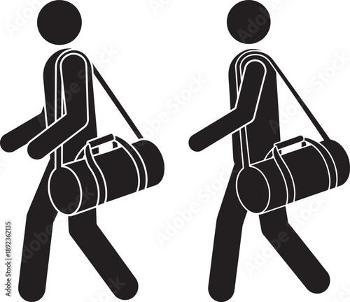 Two people walking with duffel bag silhouette art