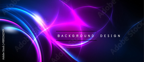 Abstract neon lights create dynamic curves, vibrant blues, pinks against dark backdrop. Modern design element for digital projects.
